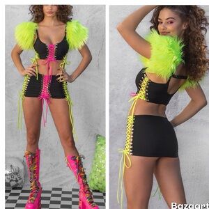 iHeart Raves Neon Lace-Up 2PC Set Black Pink Yellow Festival Outfit SIZE:S/M
